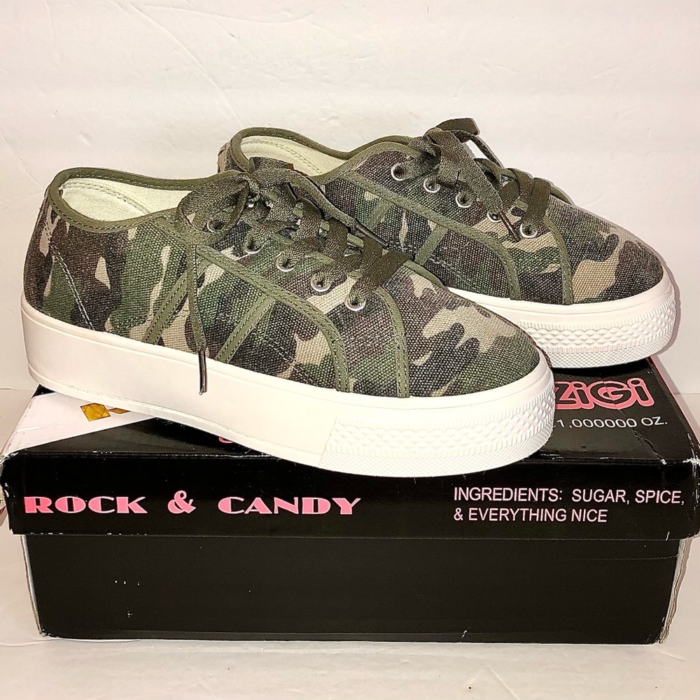 Rock & Candy “Shiann” Camo Canvas Lace-Up Platform Sneakers, Sz 7.5M